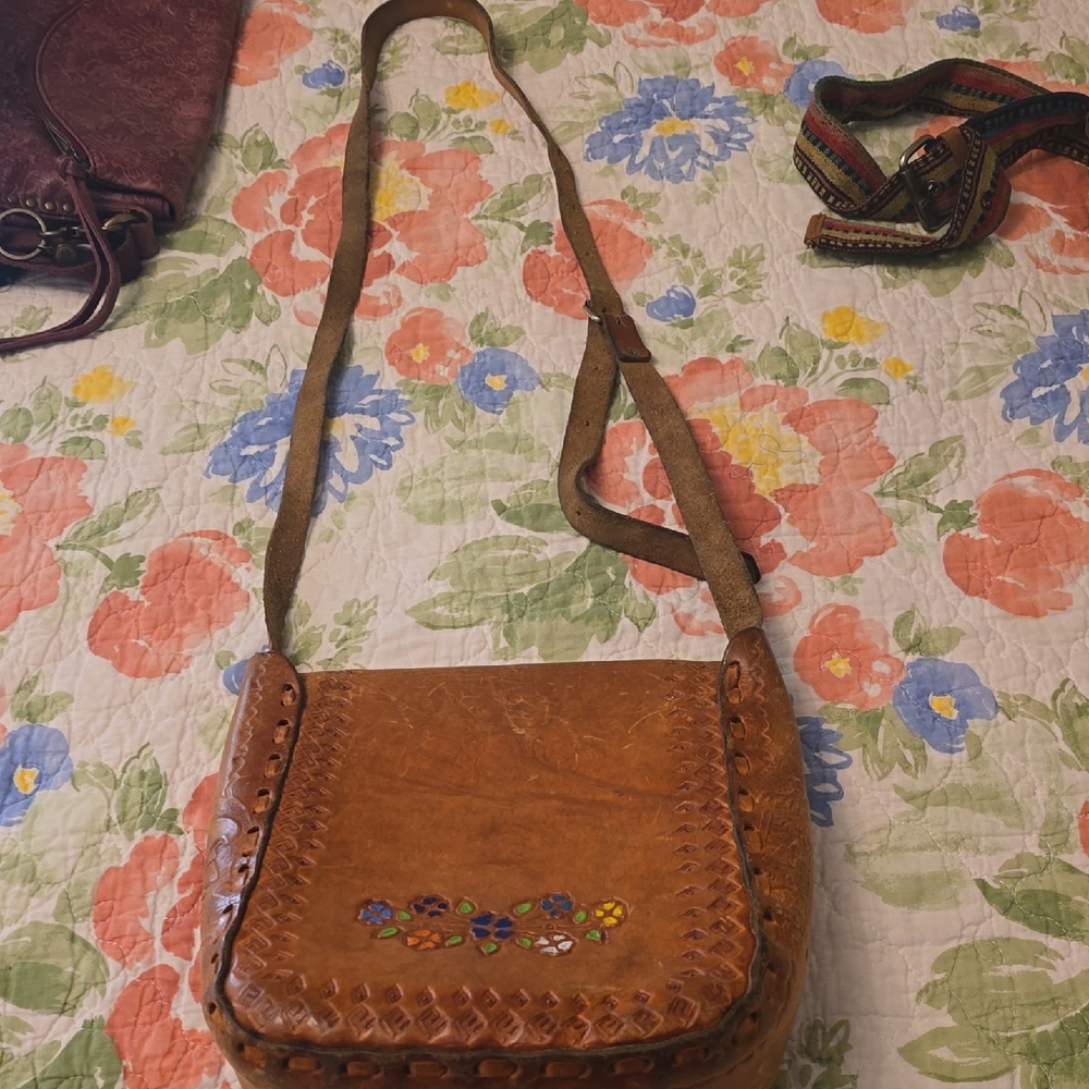 Leather Crossbody Bag with Floral Embroidery - Brown